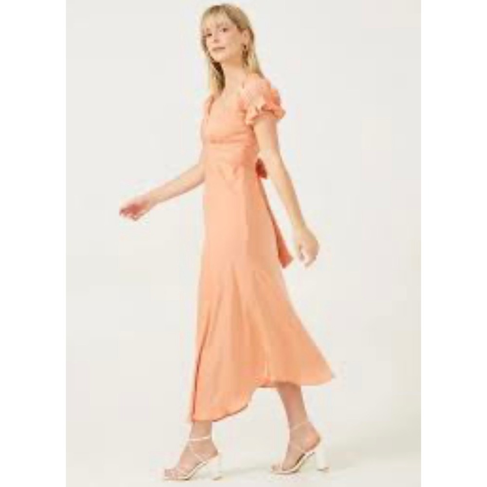 Altar'd State Peach Satin Ruffle Sleeve Tie Back Midi Dress Small D5560
